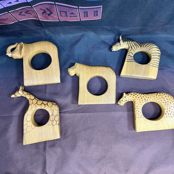 Vintage Hand Carved Wood African Safari Napkin Ring Holders 5pc - Picture 5 of 9